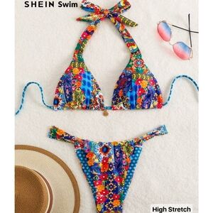 SHEIN Swim Ditsy Floral Halter Neck Tie Bikini Set For Summer Beach Vacation